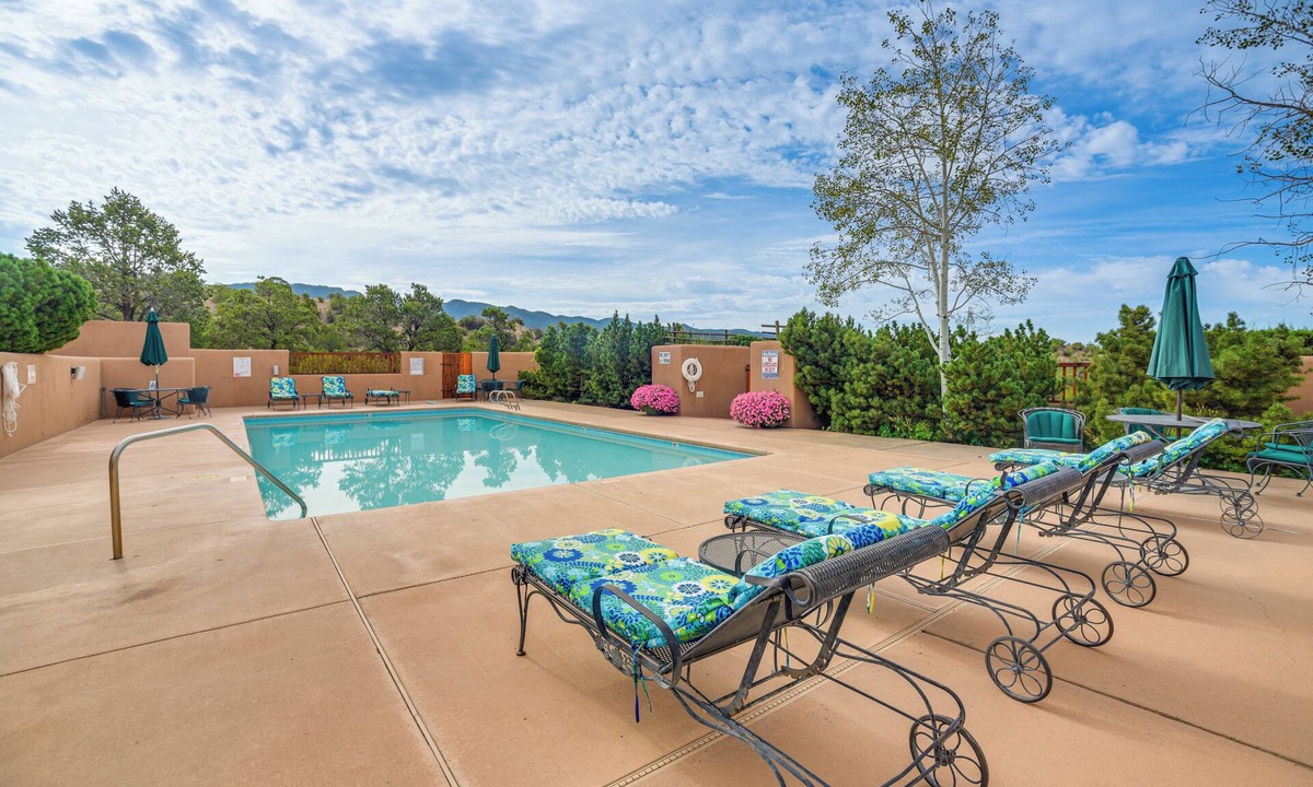 Nambe Pueblo House | Heated Pool Access! Mtn-View Santa Fe Home, Patio
