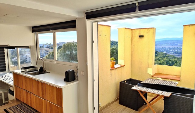 Bright renovated apartment with views of the vineyards and sea plus pool